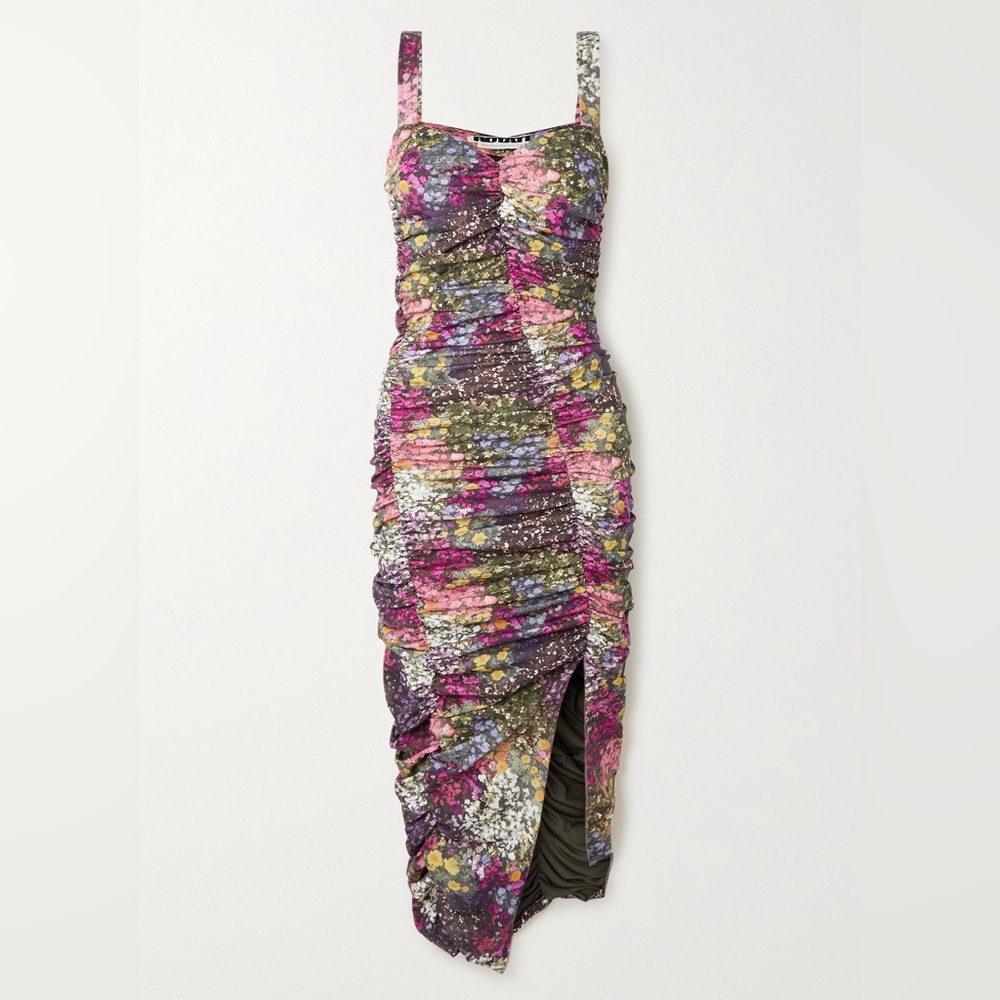 ROTATE Birger Christensen Dorthe Ruched Floral Stretch-Jersey Midi Dress